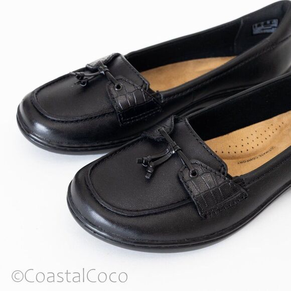 Clarks Women's Cora Haley Loafer Black Leather 7.5 Sleek Comfort Preppy Office - Picture 9 of 12